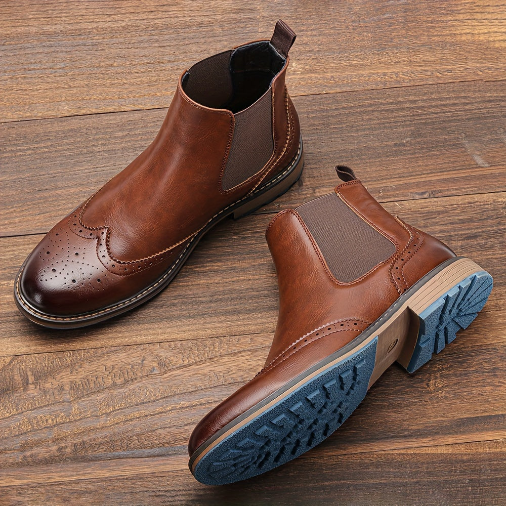 Men’s Wingtip Brogue Chelsea Boots – High-Top Slip-On Design Anti Slip Under Sole