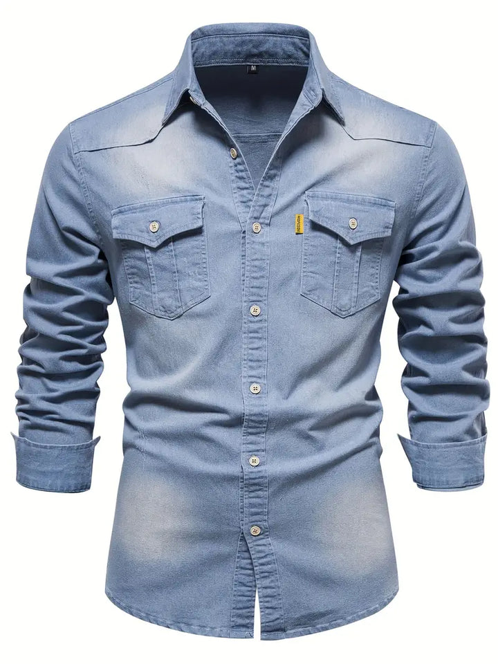 Men’s Stretch Cotton Denim Shirt – Casual Long-Sleeve Button-Up