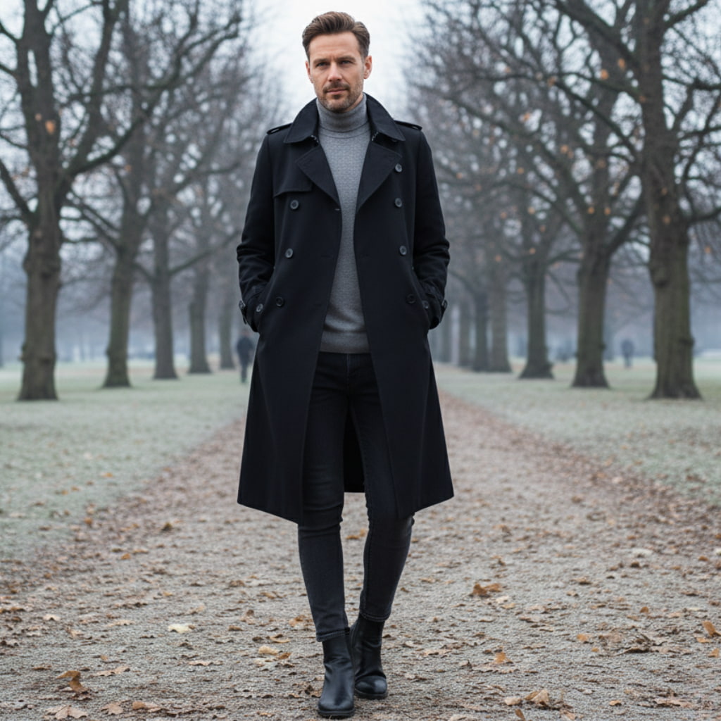 Men's Double-Breasted Trench Coat - Long & Waterproof