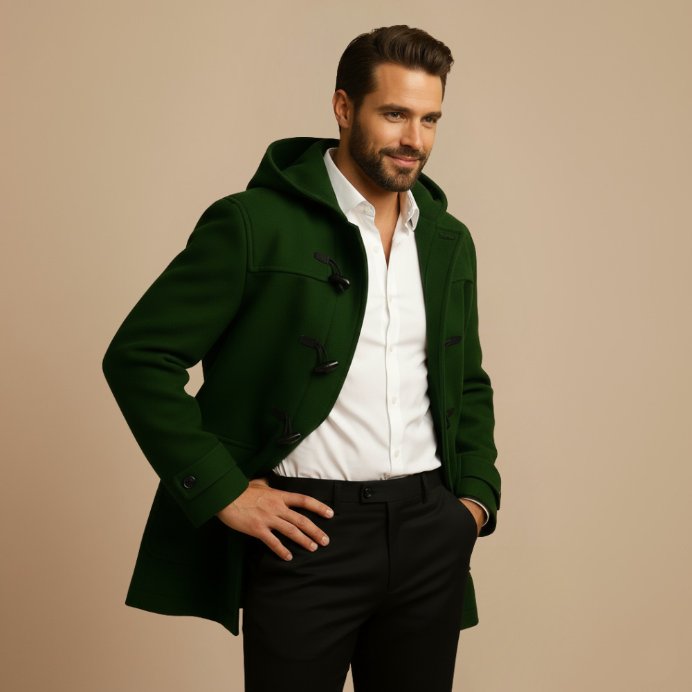 Long Trench Coat with Hood – Men’s Horn-Button Overcoat