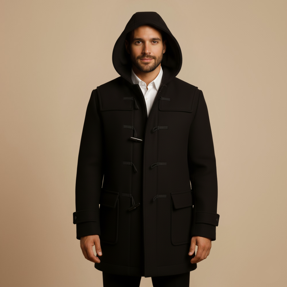 Long Trench Coat with Hood – Men’s Horn-Button Overcoat