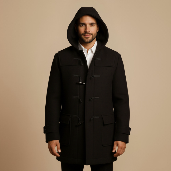 Long Trench Coat with Hood – Men’s Horn-Button Overcoat