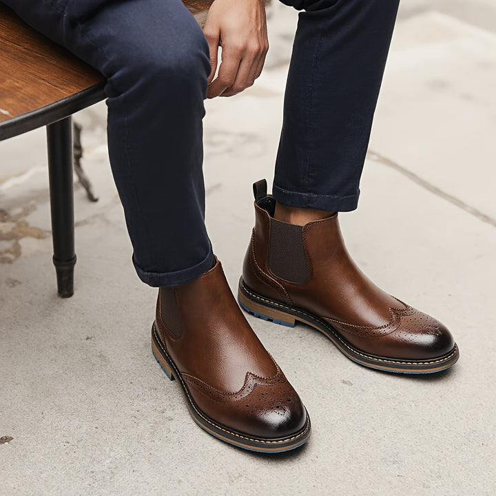 Men’s Wingtip Brogue Chelsea Boots – High-Top Slip-On Design Anti Slip Under Sole