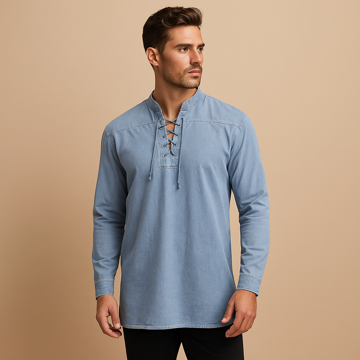 Hanski Men’s Lace-Up V-Neck Shirt – Casual Long Sleeve Top with Relaxed Fit