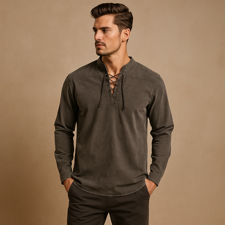 Hanski Men’s Lace-Up V-Neck Shirt – Casual Long Sleeve Top with Relaxed Fit