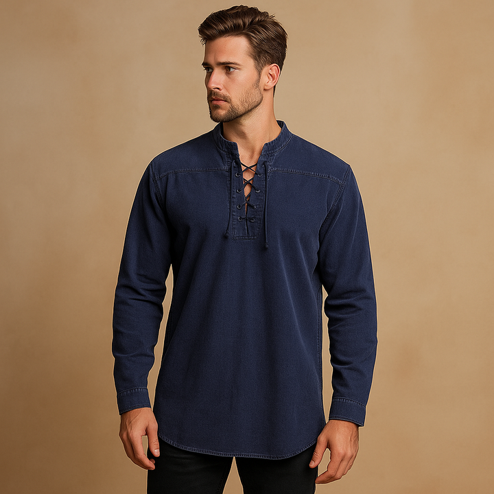 Hanski Men’s Lace-Up V-Neck Shirt – Casual Long Sleeve Top with Relaxed Fit