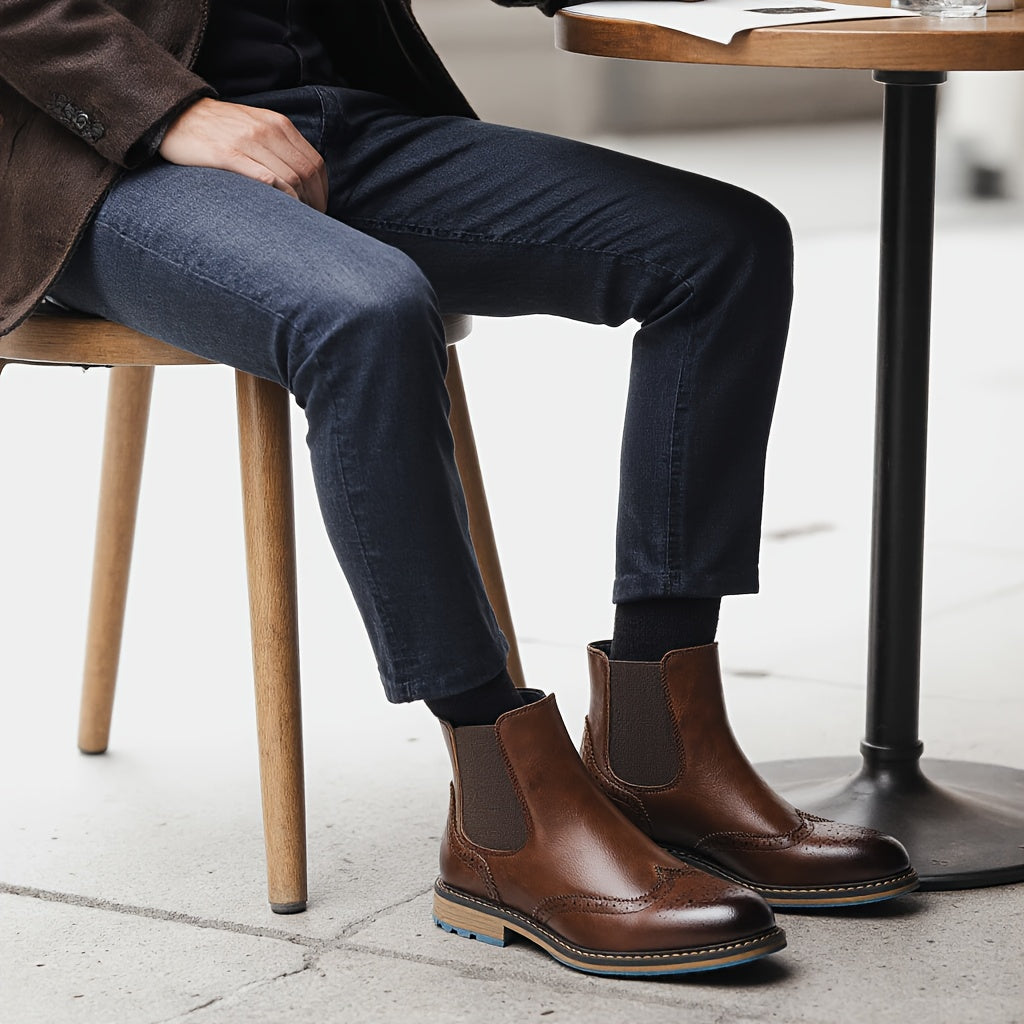 Men’s Wingtip Brogue Chelsea Boots – High-Top Slip-On Design Anti Slip Under Sole