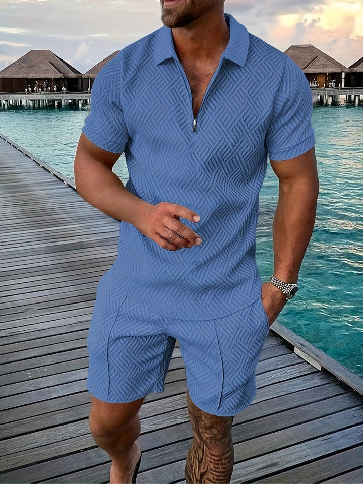 Men’s Polo Shirt and Shorts Set Casual Zip Neck Two Piece Summer Outfit
