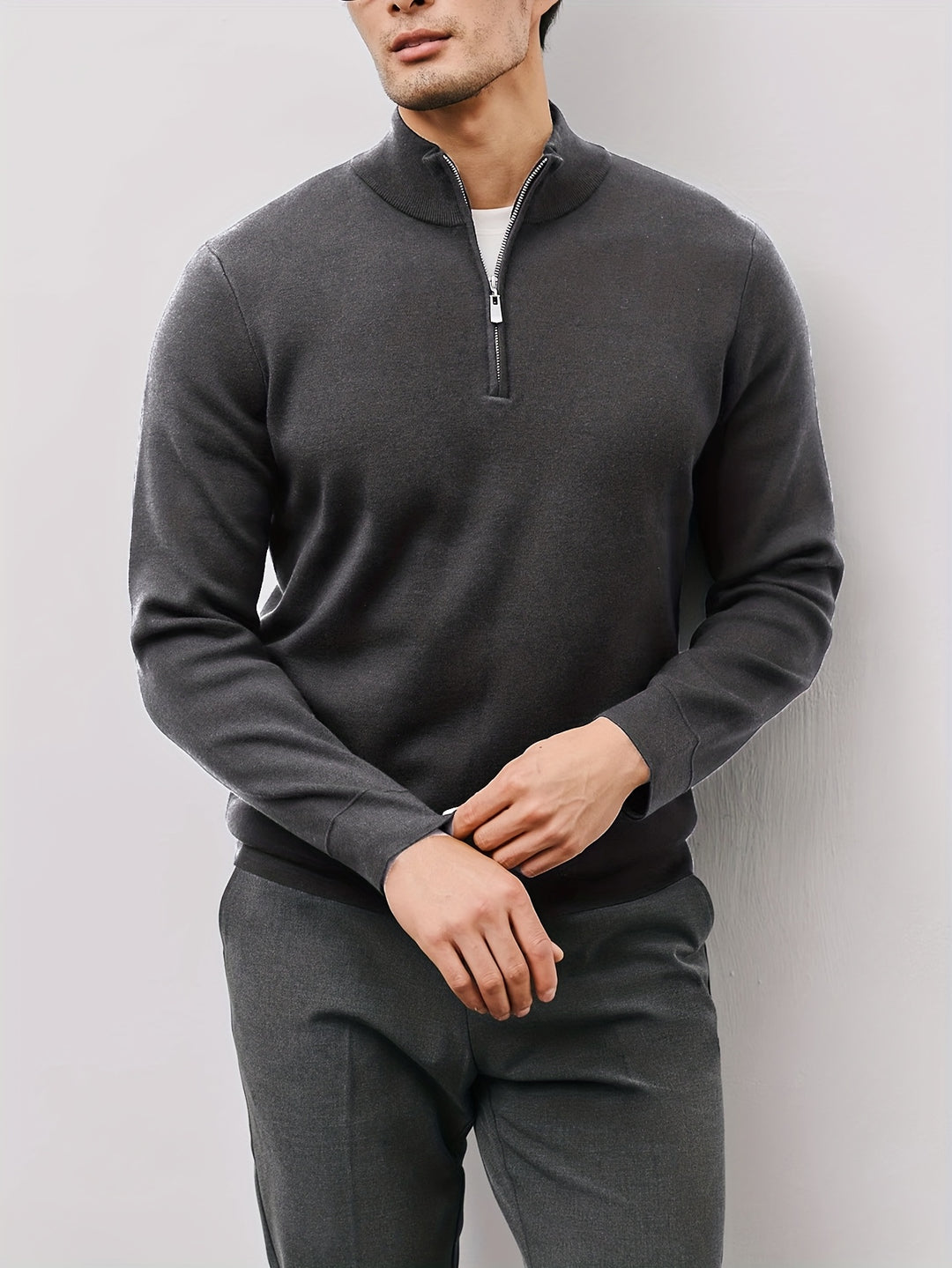 Men’s Burgundy High-Neck Zip-Up Sweater Jacket – Warm Knit Pullover
