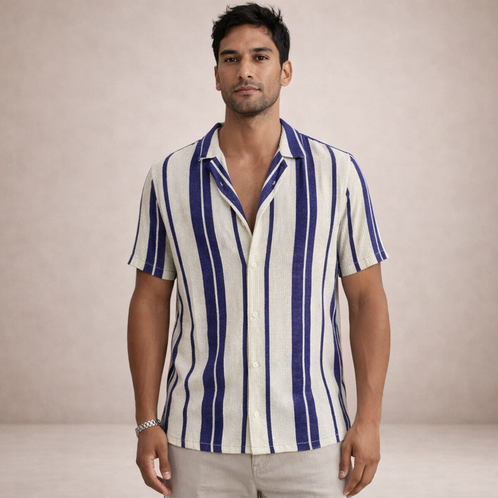 Men’s Striped Button Up Shirt Casual Short Sleeve Summer Beach Shirt