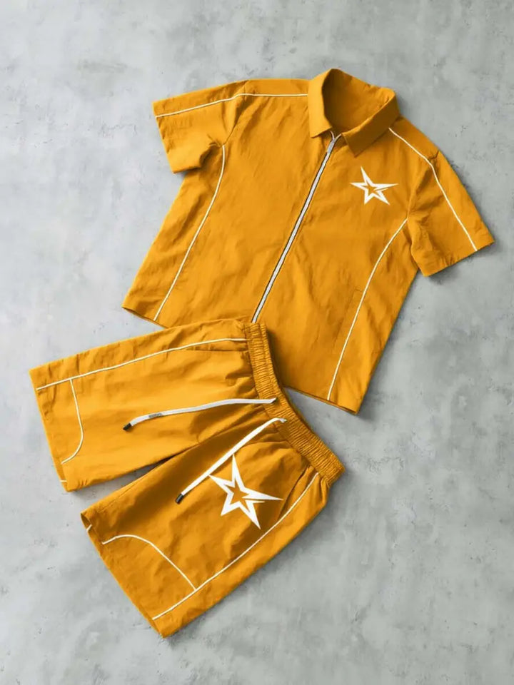 Stars Pattern Casual Set, Short Sleeve Zipper Shirt + Shorts, Breathable Comfort Trendy Star Print Design