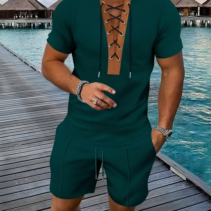 Men’s Lace Up V Neck Shirt and Shorts Set Casual Two Piece Summer Outfit
