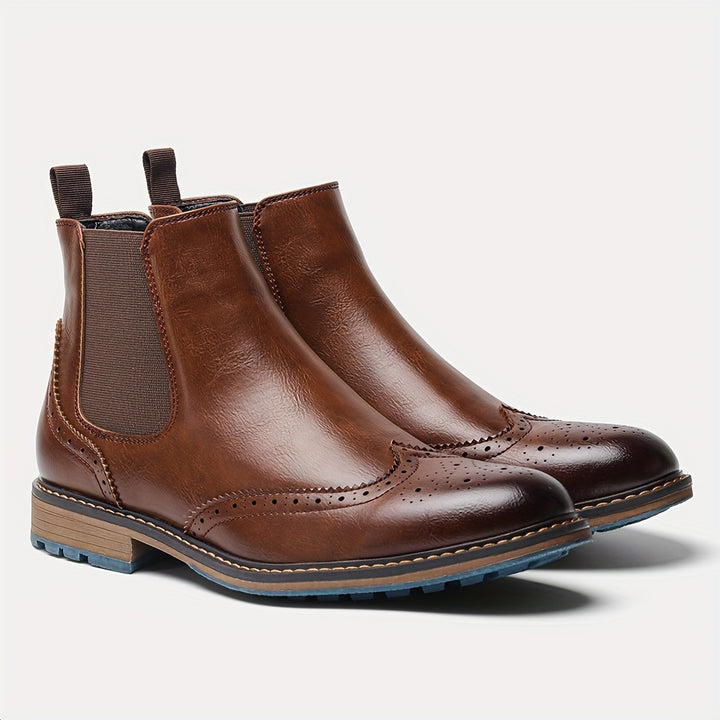 Men’s Wingtip Brogue Chelsea Boots – High-Top Slip-On Design Anti Slip Under Sole