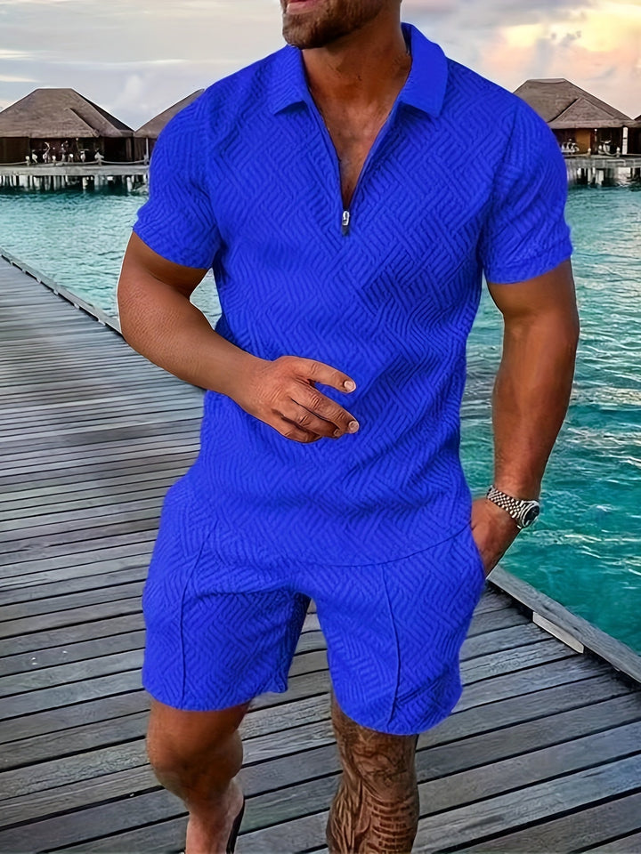 Men’s Polo Shirt and Shorts Set Casual Zip Neck Two Piece Summer Outfit