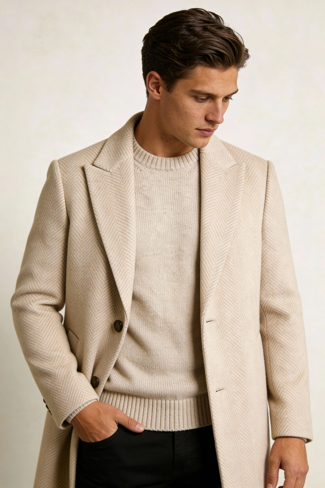 Montreaux Herringbone Men Wool Coat - Camel Beige