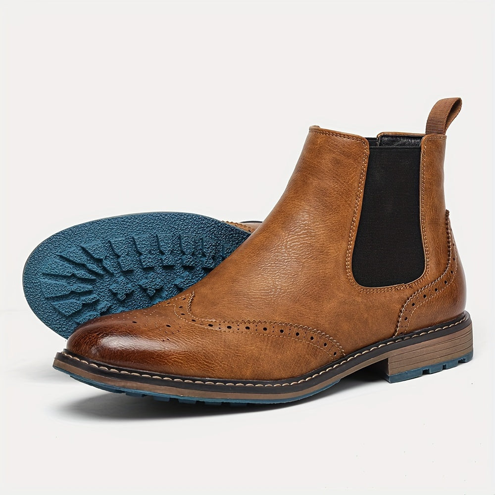 Men’s Wingtip Brogue Chelsea Boots – High-Top Slip-On Design Anti Slip Under Sole