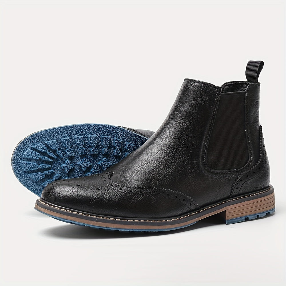 Men’s Wingtip Brogue Chelsea Boots – High-Top Slip-On Design Anti Slip Under Sole