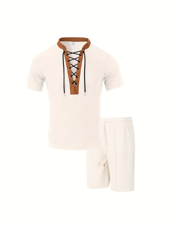 Men’s Lace Up V Neck Shirt and Shorts Set Casual Two Piece Summer Outfit