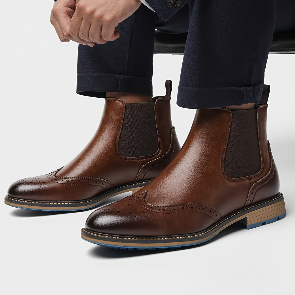 Men’s Wingtip Brogue Chelsea Boots – High-Top Slip-On Design Anti Slip Under Sole