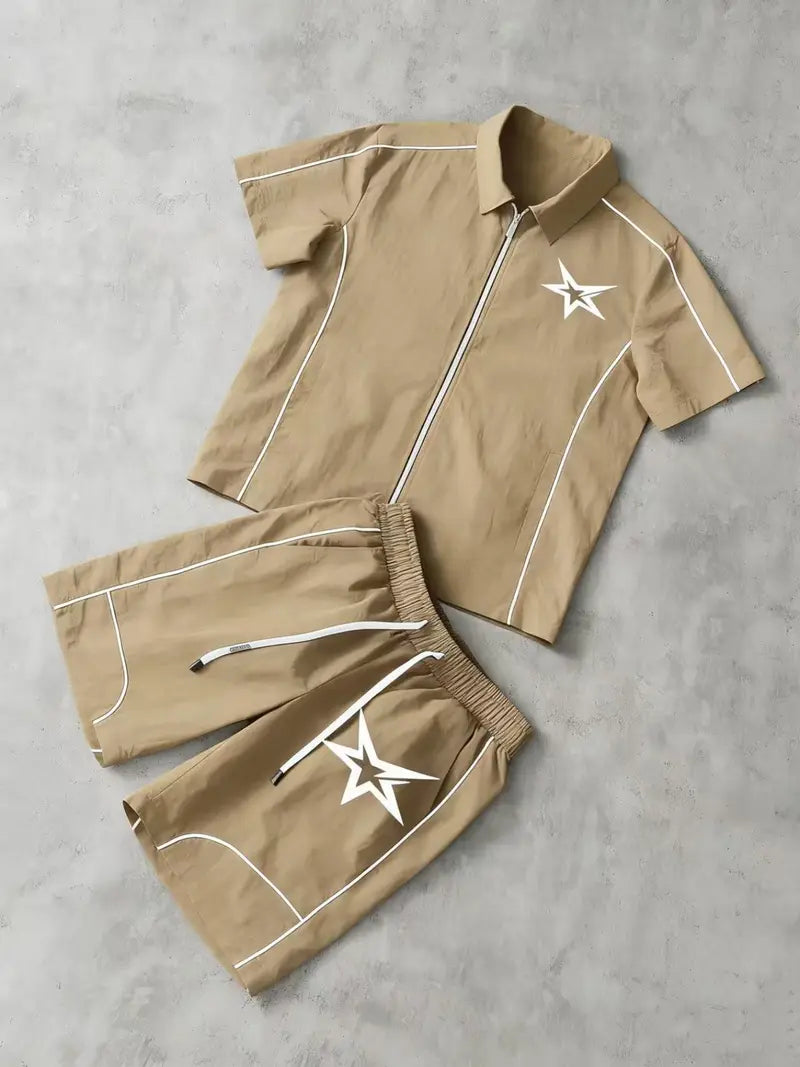 Stars Pattern Casual Set, Short Sleeve Zipper Shirt + Shorts, Breathable Comfort Trendy Star Print Design