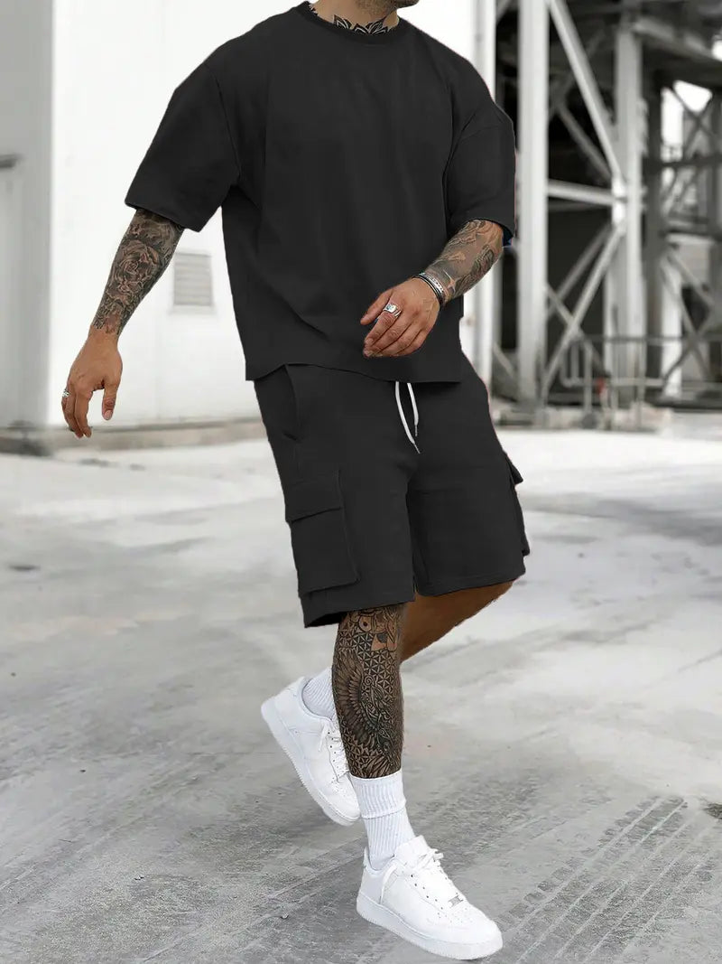 Men’s Casual Cargo Shorts Set Loose Fit Streetwear Outfit