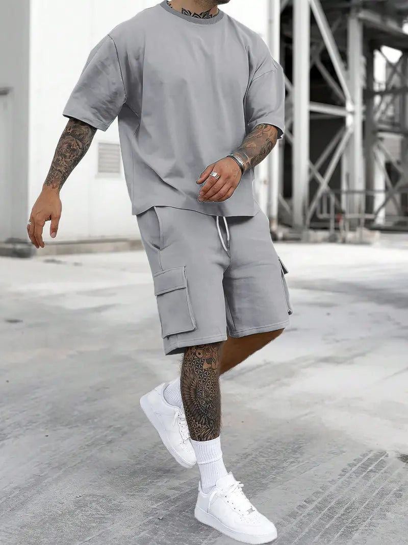 Men’s Casual Cargo Shorts Set Loose Fit Streetwear Outfit