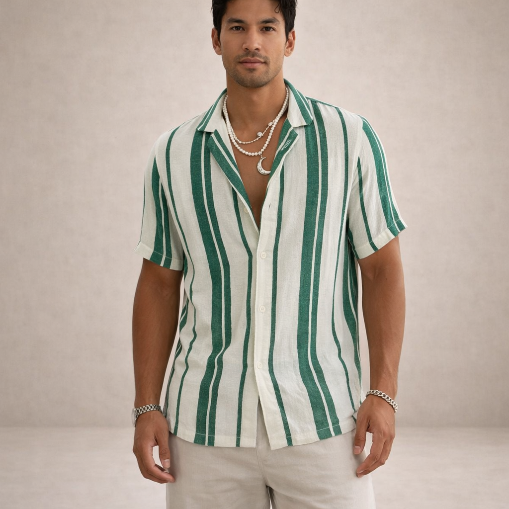 Men’s Striped Button Up Shirt Casual Short Sleeve Summer Beach Shirt