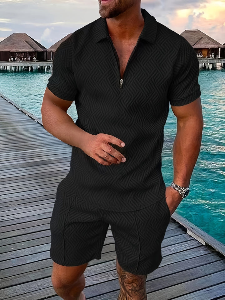 Men’s Polo Shirt and Shorts Set Casual Zip Neck Two Piece Summer Outfit