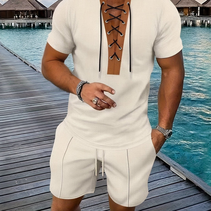 Men’s Lace Up V Neck Shirt and Shorts Set Casual Two Piece Summer Outfit