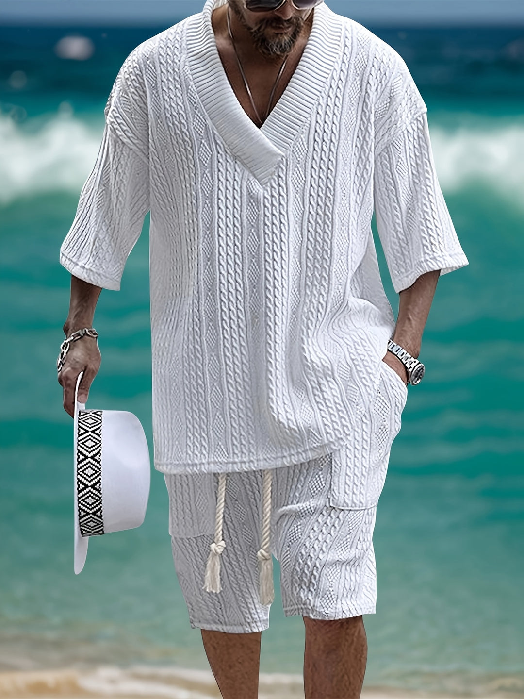 Men’s V Neck Shirt and Shorts Set Casual Two Piece Summer Outfit