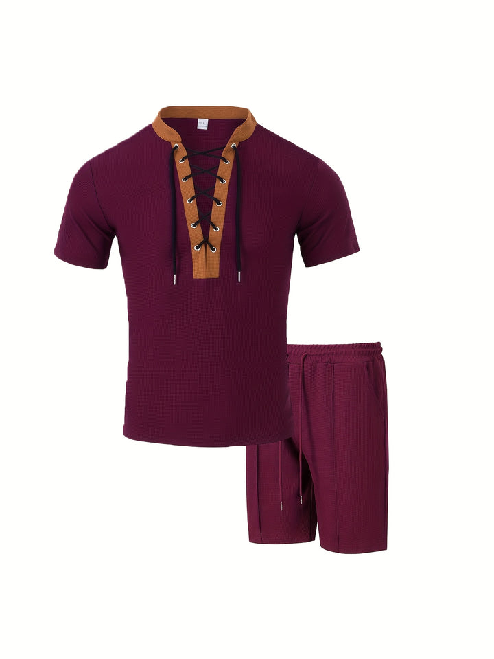 Men’s Lace Up V Neck Shirt and Shorts Set Casual Two Piece Summer Outfit