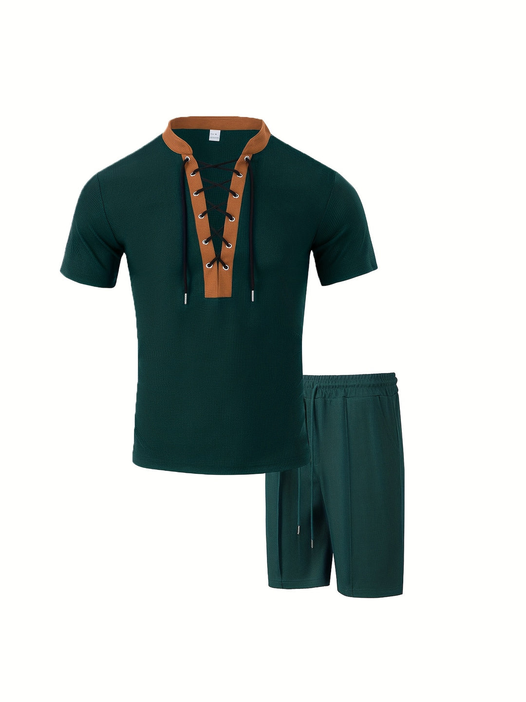 Men’s Lace Up V Neck Shirt and Shorts Set Casual Two Piece Summer Outfit