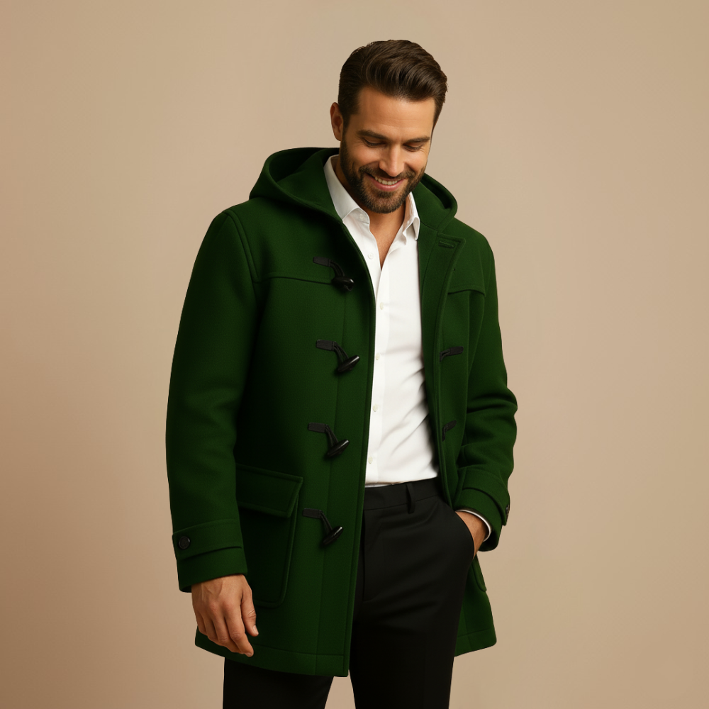 Long Trench Coat with Hood – Men’s Horn-Button Overcoat