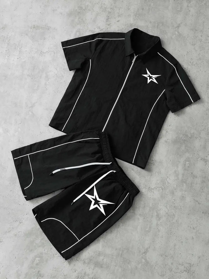 Stars Pattern Casual Set, Short Sleeve Zipper Shirt + Shorts, Breathable Comfort Trendy Star Print Design