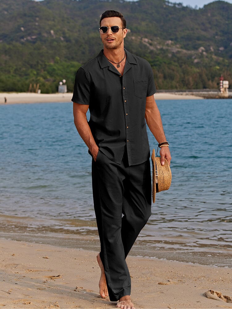 Men’s Short Sleeve Shirt and Trousers Set Casual Two Piece Summer Outfit