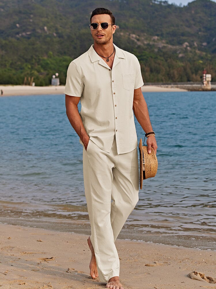 Men’s Short Sleeve Shirt and Trousers Set Casual Two Piece Summer Outfit