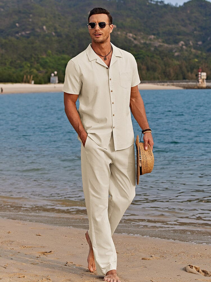Men’s Short Sleeve Shirt and Trousers Set Casual Two Piece Summer Outfit
