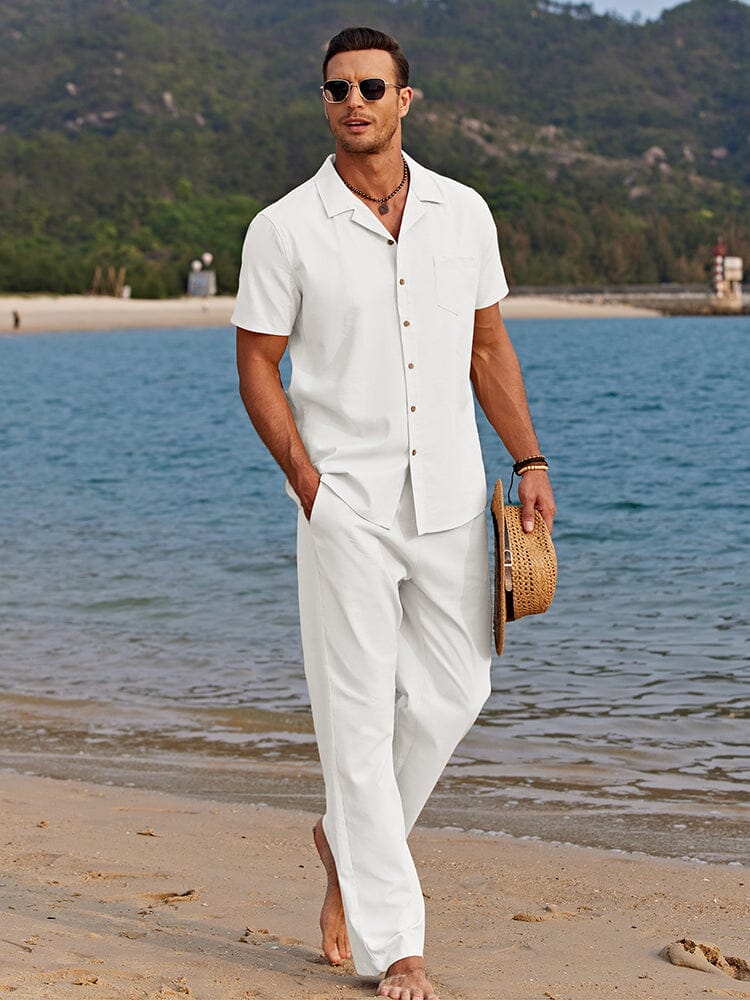 Men’s Short Sleeve Shirt and Trousers Set Casual Two Piece Summer Outfit