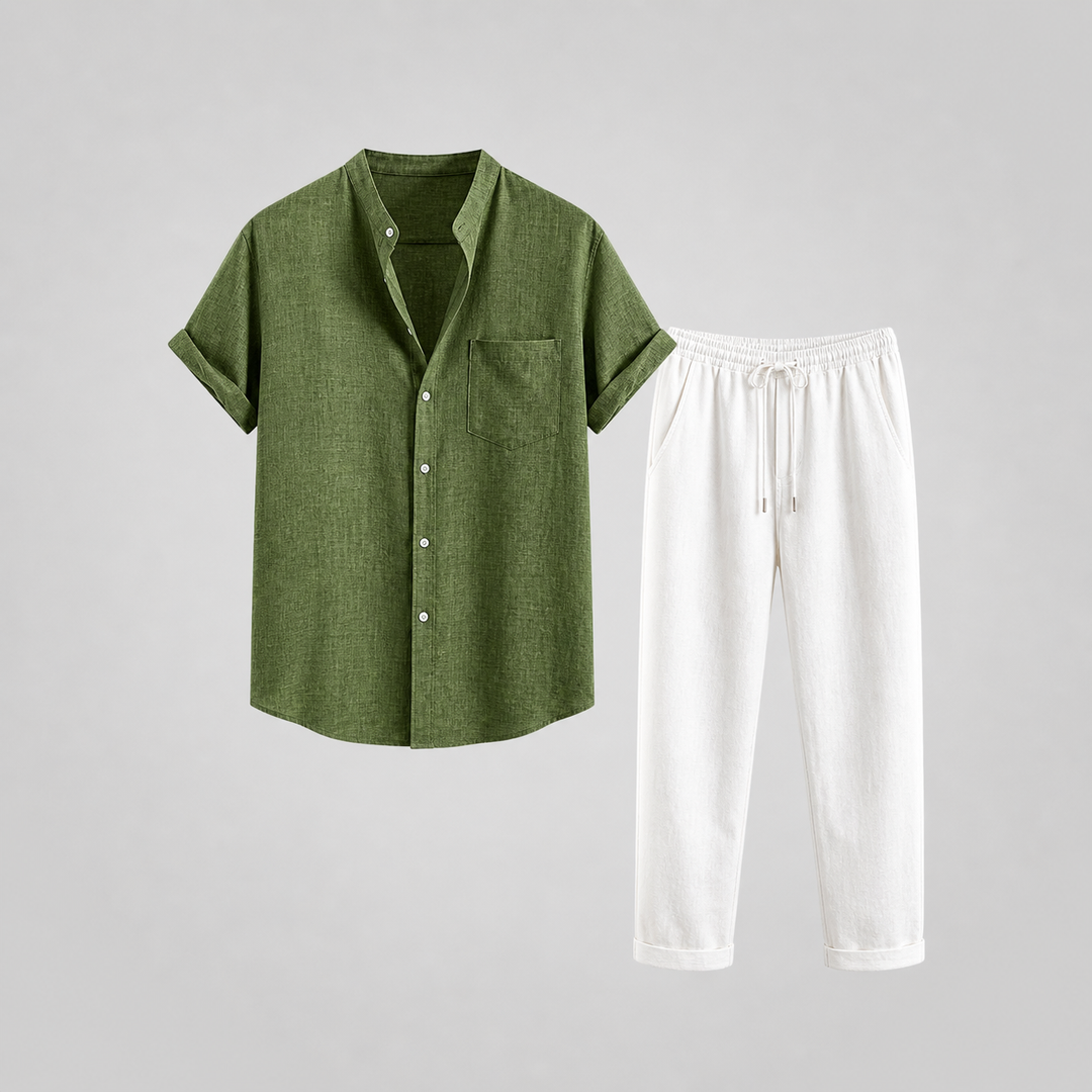 Men’s Short Sleeve Shirt and Drawstring Pants Set Casual Two Piece Outfit