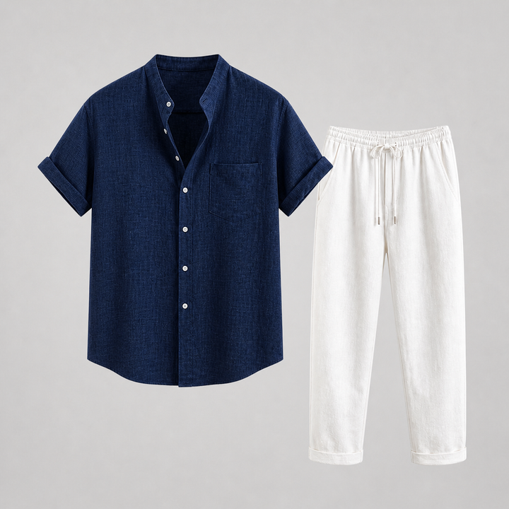 Men’s Short Sleeve Shirt and Drawstring Pants Set Casual Two Piece Outfit