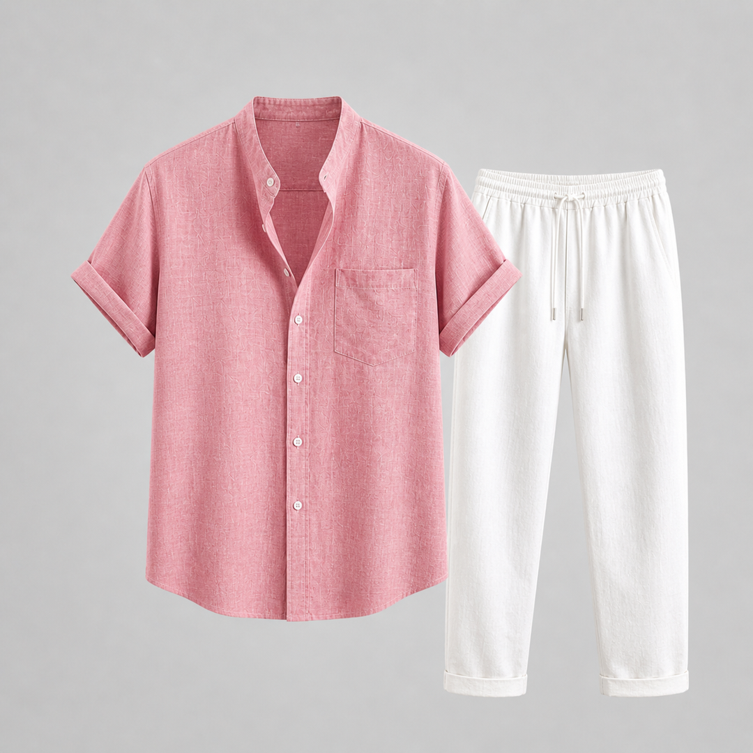 Men’s Short Sleeve Shirt and Drawstring Pants Set Casual Two Piece Outfit