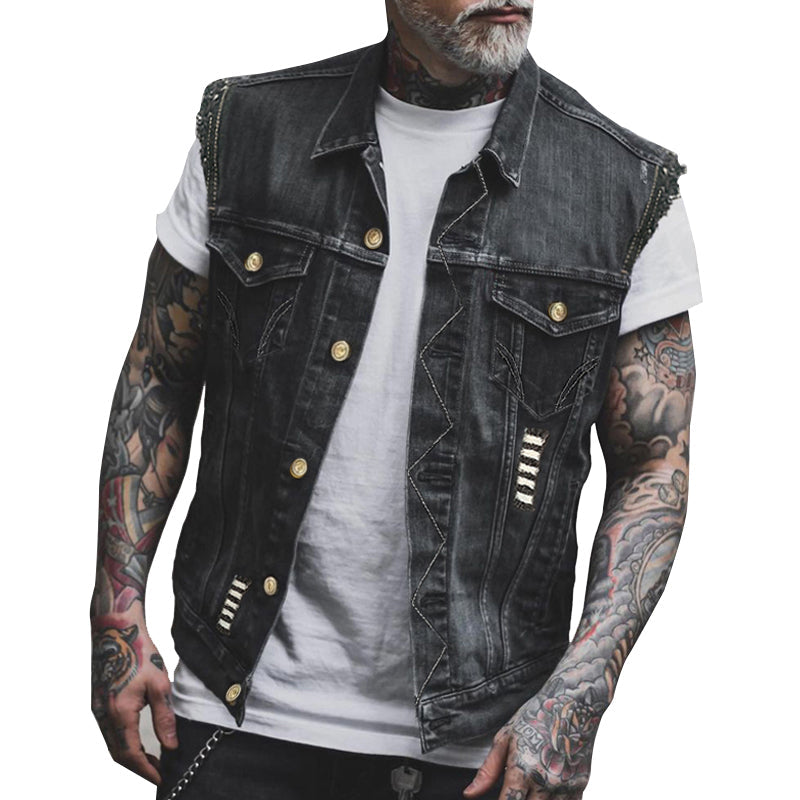 Men’s Sleeveless Denim Vest Casual Button Up Biker Jacket
