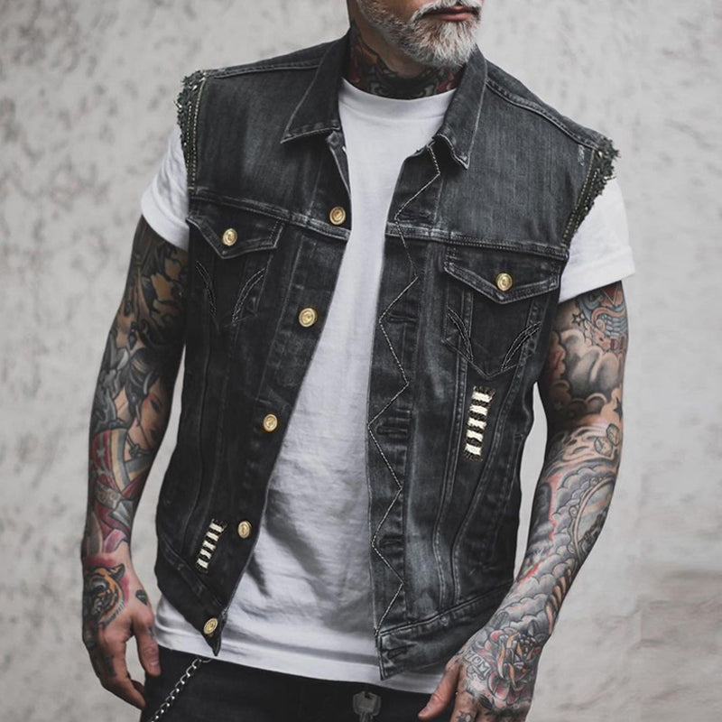 Men’s Sleeveless Denim Vest Casual Button Up Biker Jacket