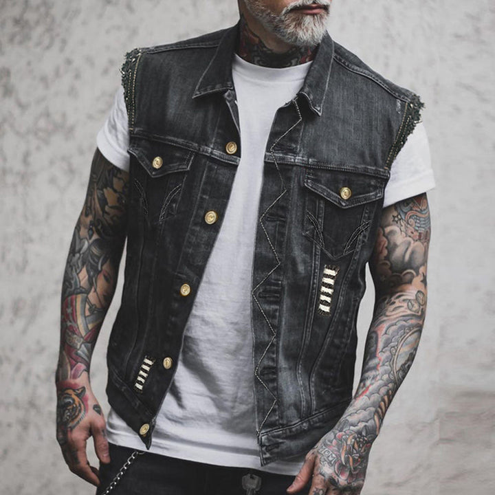 Men’s Sleeveless Denim Vest Casual Button Up Biker Jacket