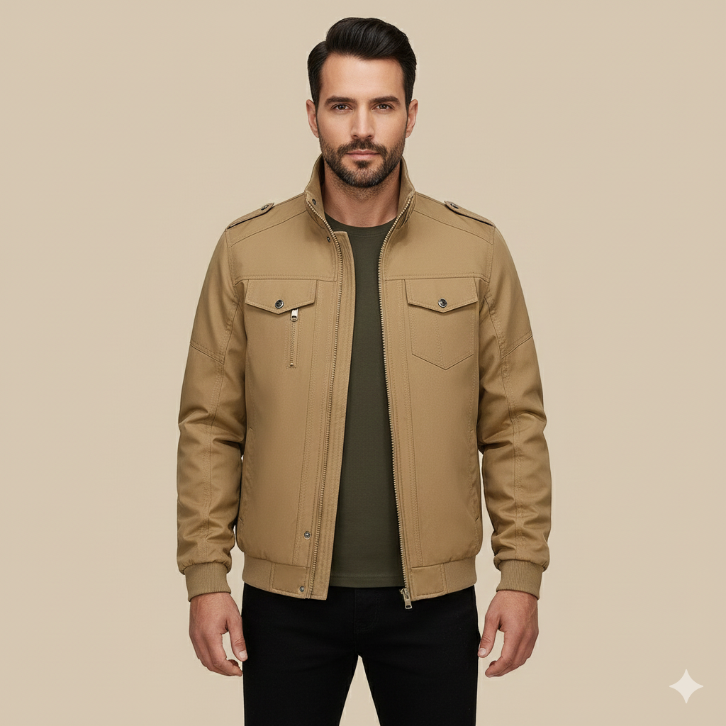 Men’s Bomber Jacket with Stand Collar &amp; Cargo Pockets