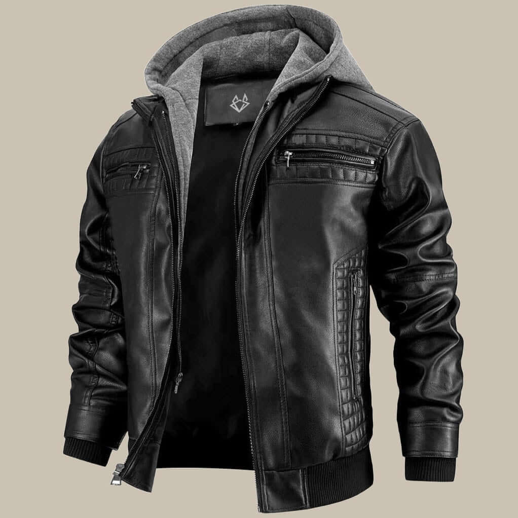 Men’s Hooded Biker Jacket Casual Zip Up Motorcycle Coat