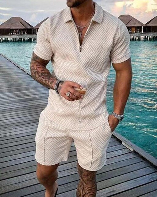 Men’s Polo Shirt and Shorts Set Zip Neck Casual Two Piece Summer Outfit