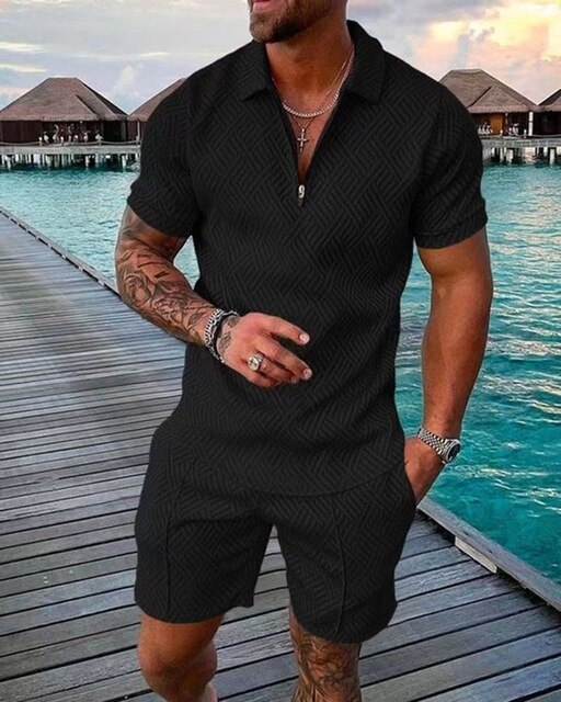 Men’s Polo Shirt and Shorts Set Zip Neck Casual Two Piece Summer Outfit