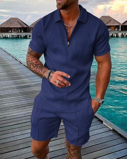Men’s Polo Shirt and Shorts Set Zip Neck Casual Two Piece Summer Outfit
