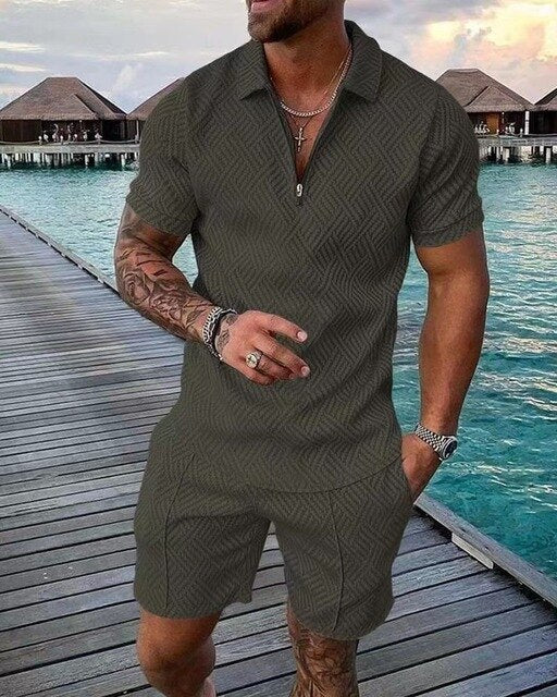 Men’s Polo Shirt and Shorts Set Zip Neck Casual Two Piece Summer Outfit